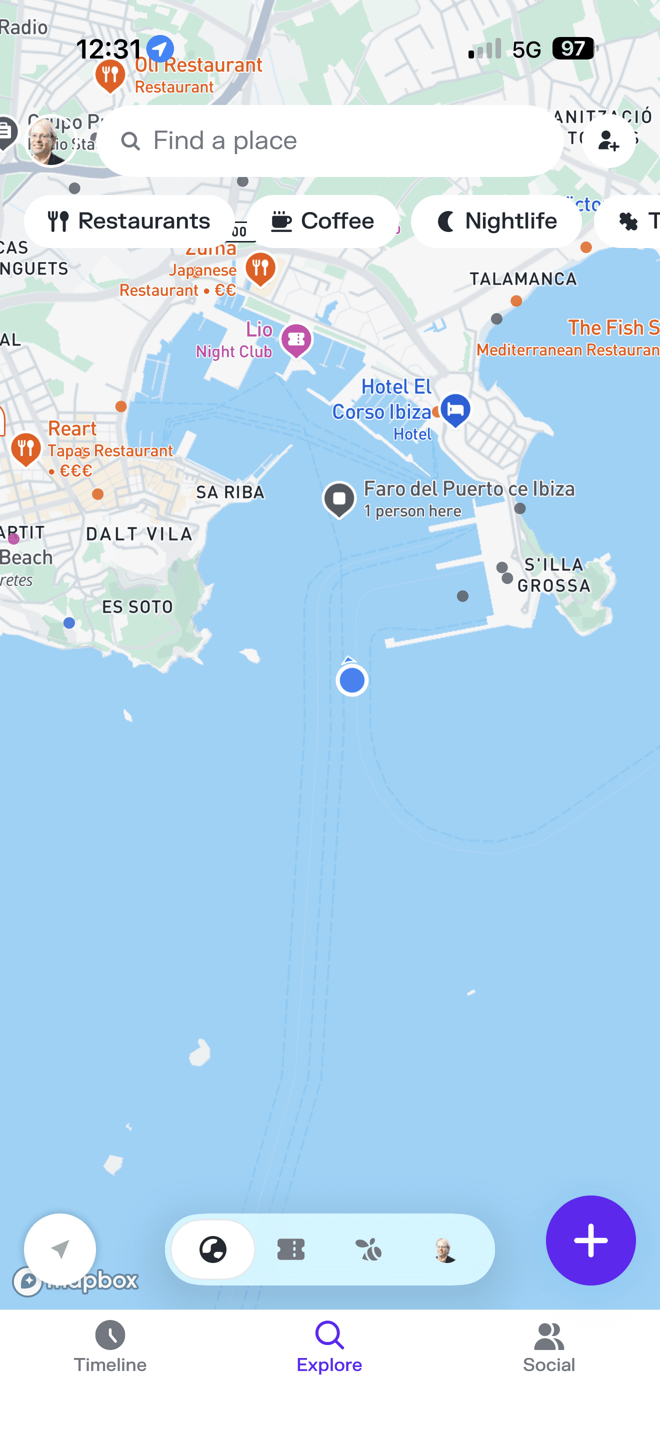 Google Maps screenshot showing Ibiza harbor area with Dalt Vila, Talamanca, restaurant pins, and user location dot over open