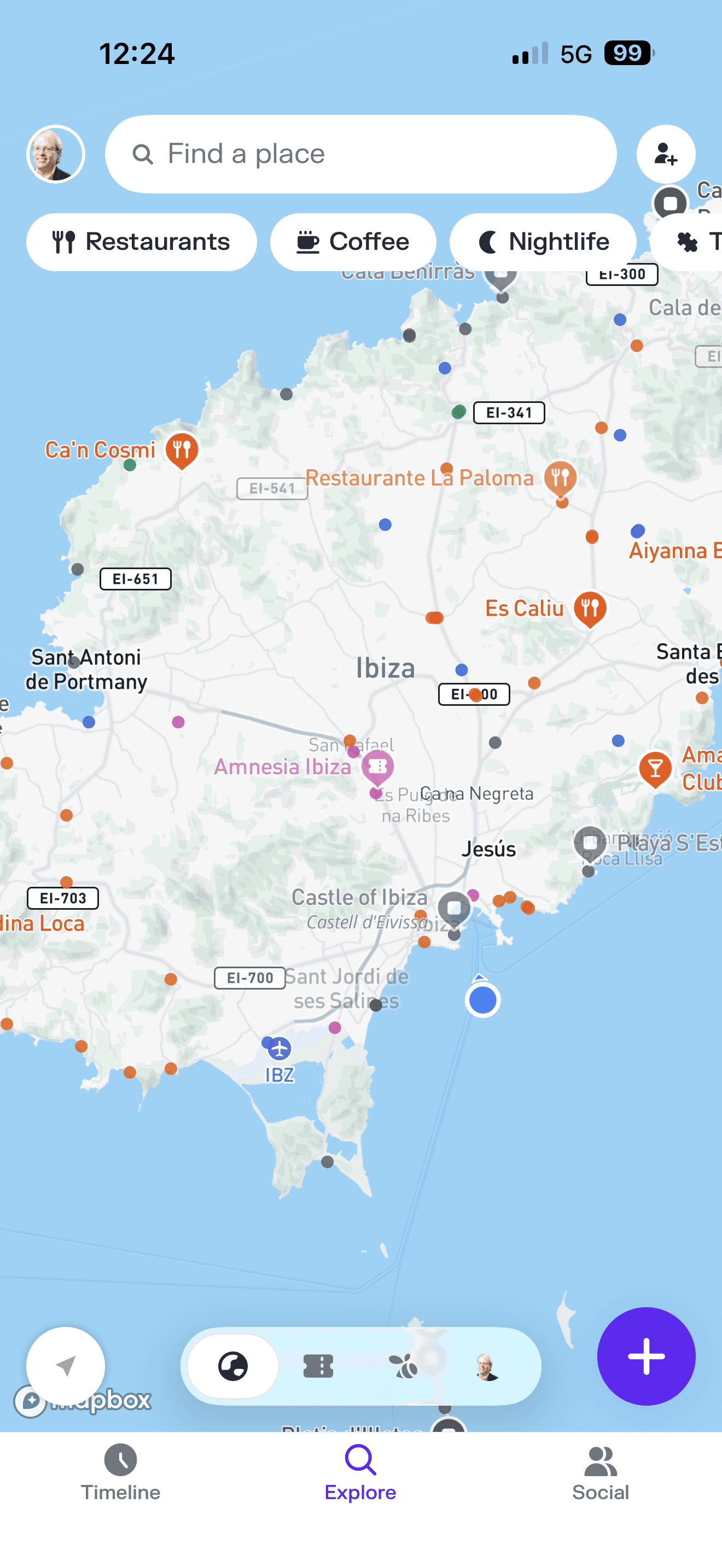 Travel app map of Ibiza island showing restaurant pins, nightlife spots like Amnesia Ibiza, Castle of Ibiza, and IBZ airport