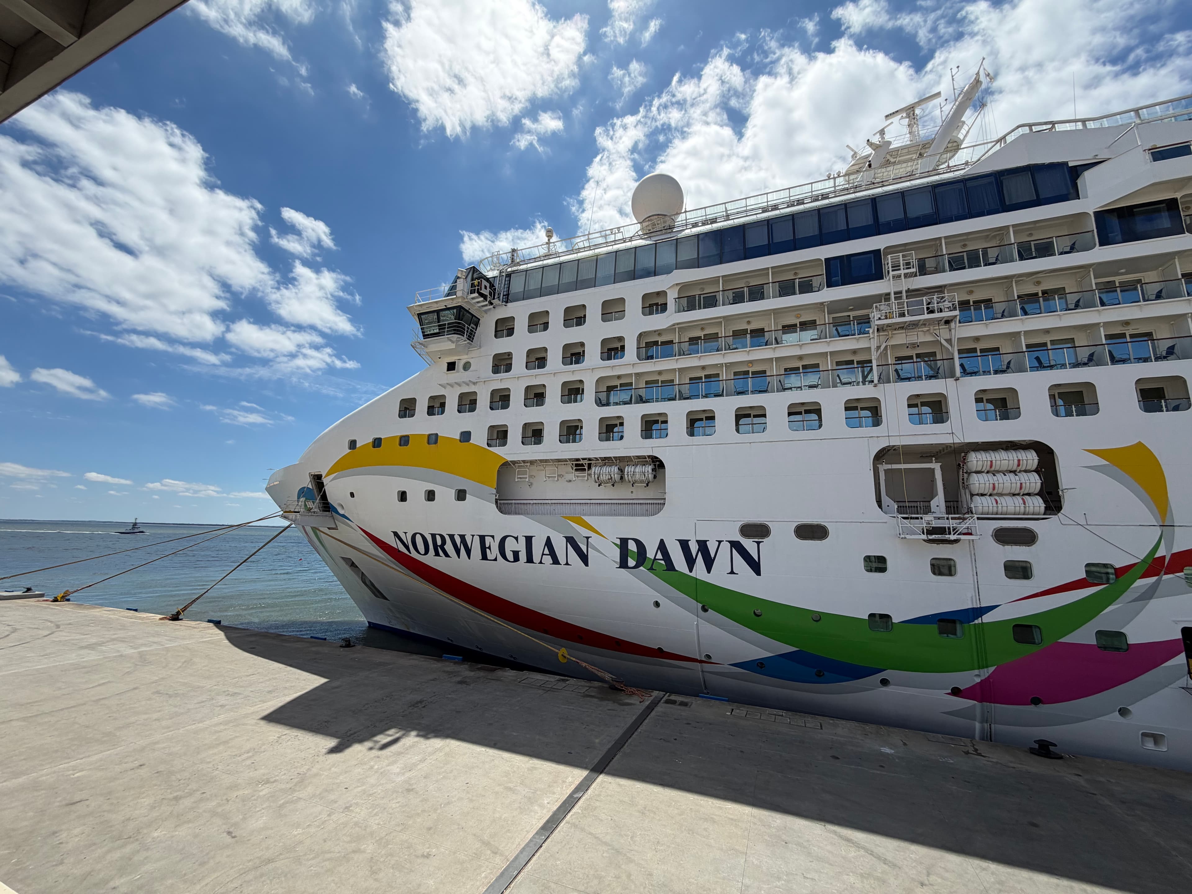 Norwegian Dawn cruise ship docked at a sunny port, its colorful hull artwork and multiple cabin decks towering against a part