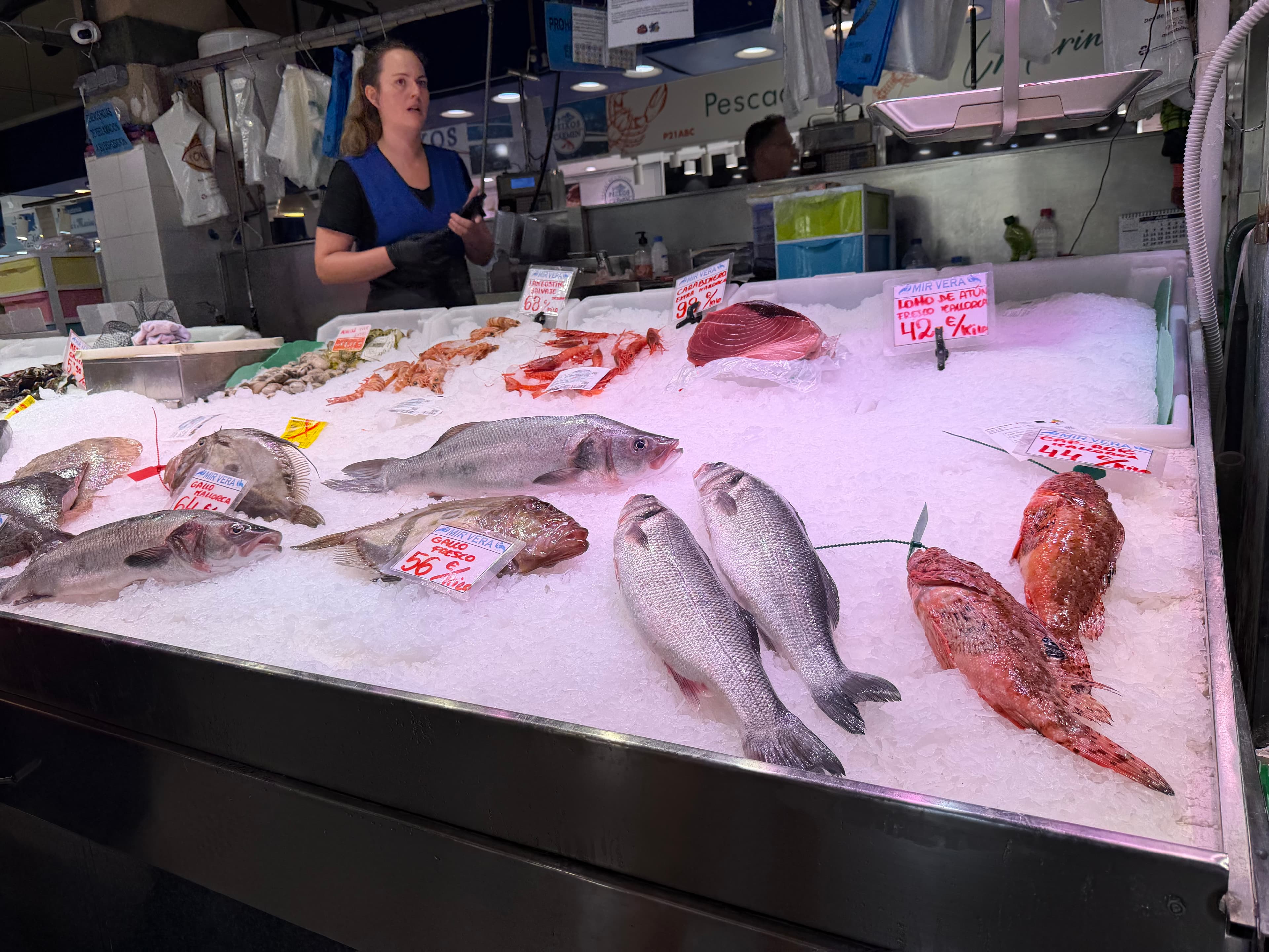 Spanish fish market stall with whole sea bass, red scorpionfish, tuna steaks, and prawns displayed on crushed ice with handwr