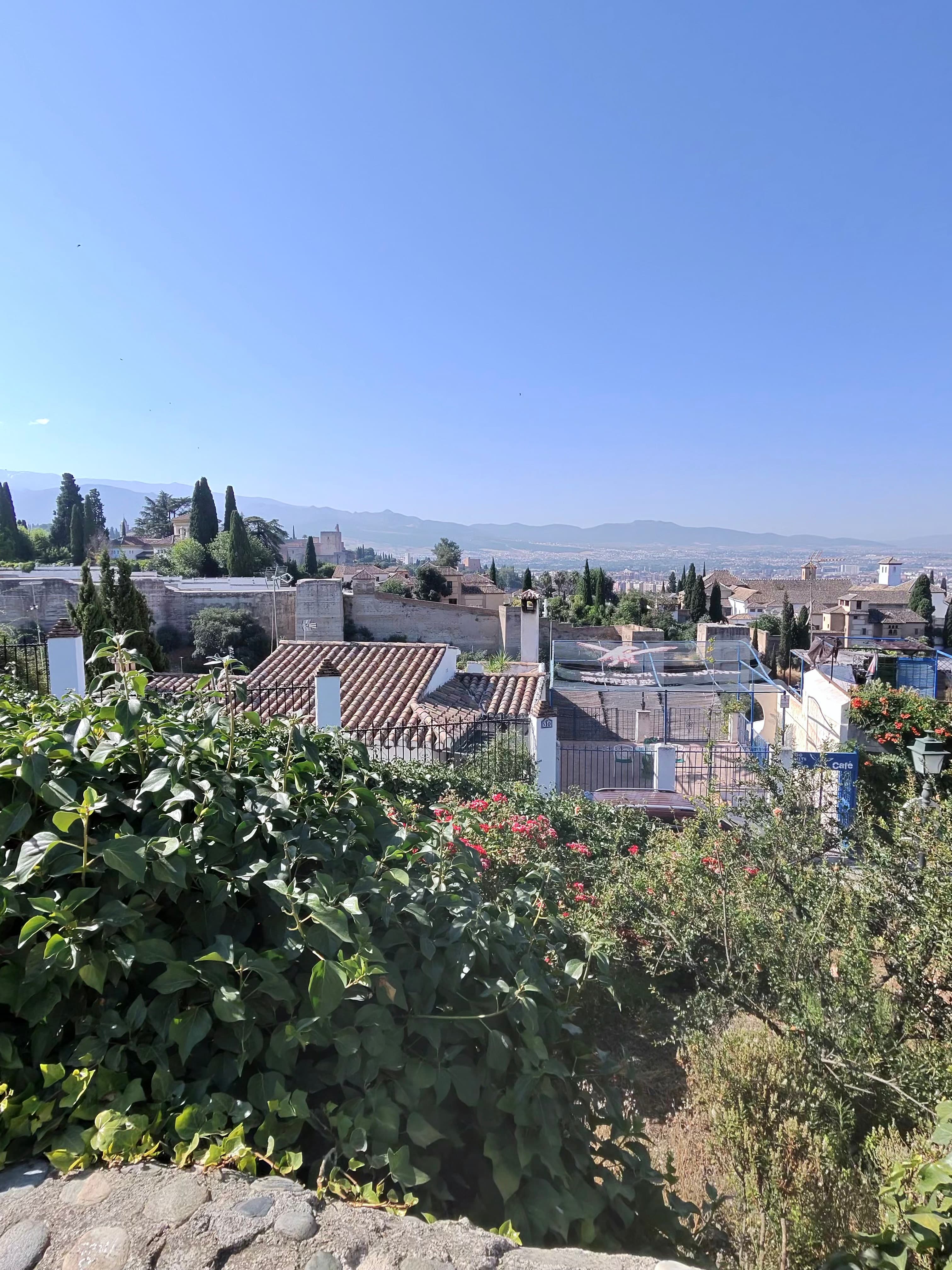 Elevated daytime view over Granada's Albaicín rooftops with terracotta tiles, lush greenery, cypress trees, and Sierra Nevada