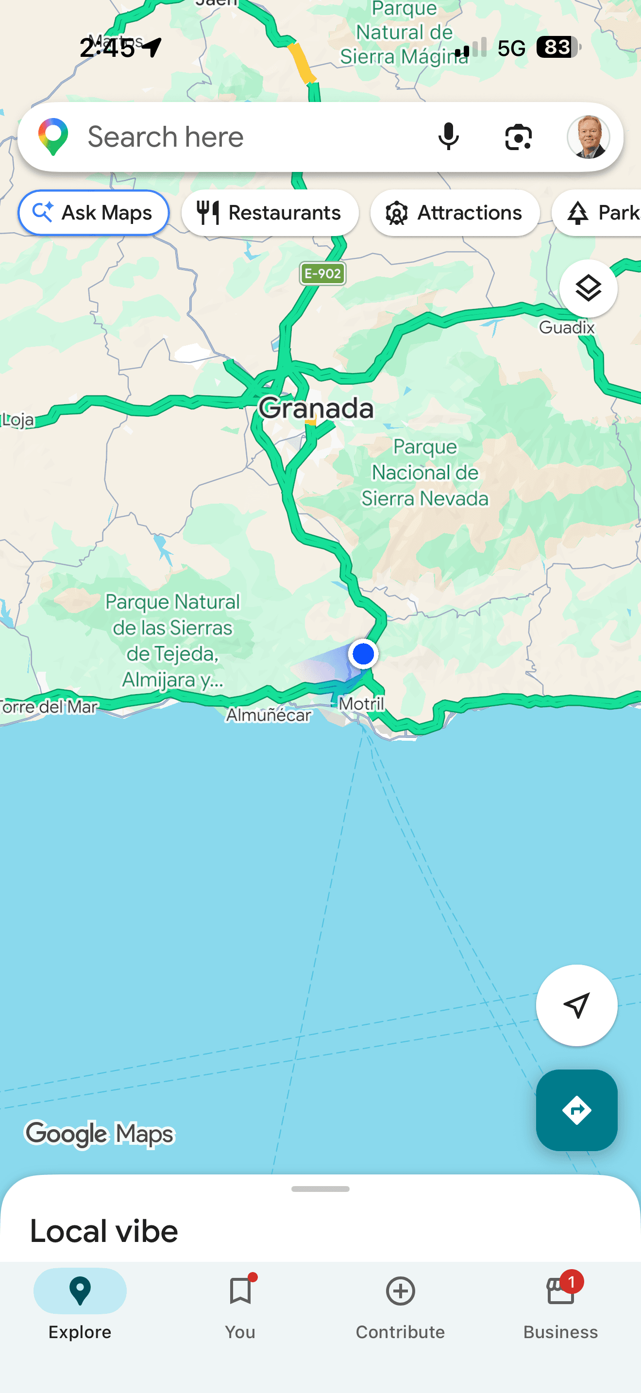 Google Maps screenshot showing road routes around Granada, Spain, with current location near Motril on the Mediterranean coas